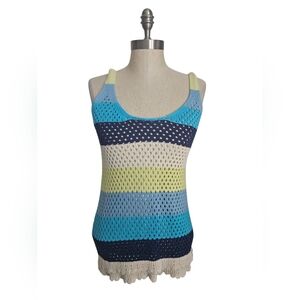 DESIGN 365 Open Knit Striped Scallop Hem Tank Top | SZ S